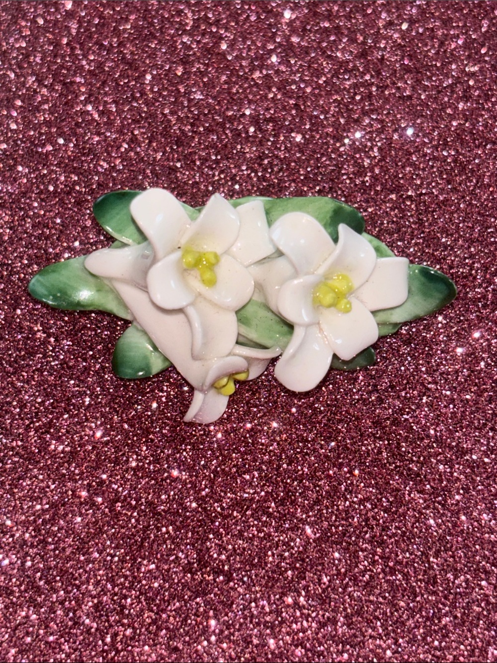 Bone China White Flower Brooch with Green Leaves made in England